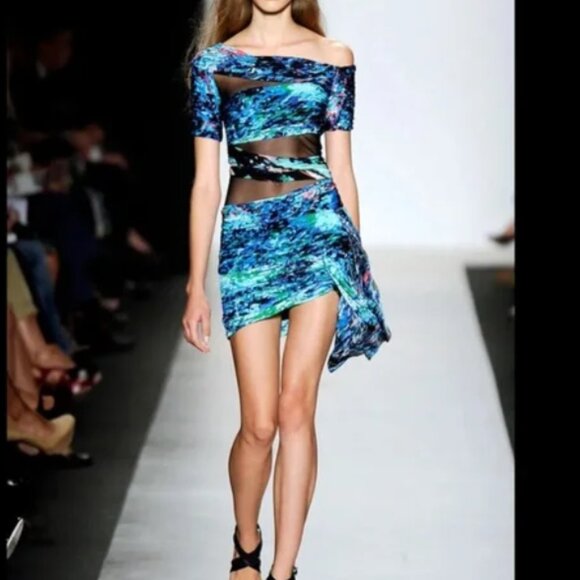 BCBG MAXAZRIA Runway Dress. Mesh Cutouts. Blue Abstract Bodycon. Size S. - Picture 3 of 16